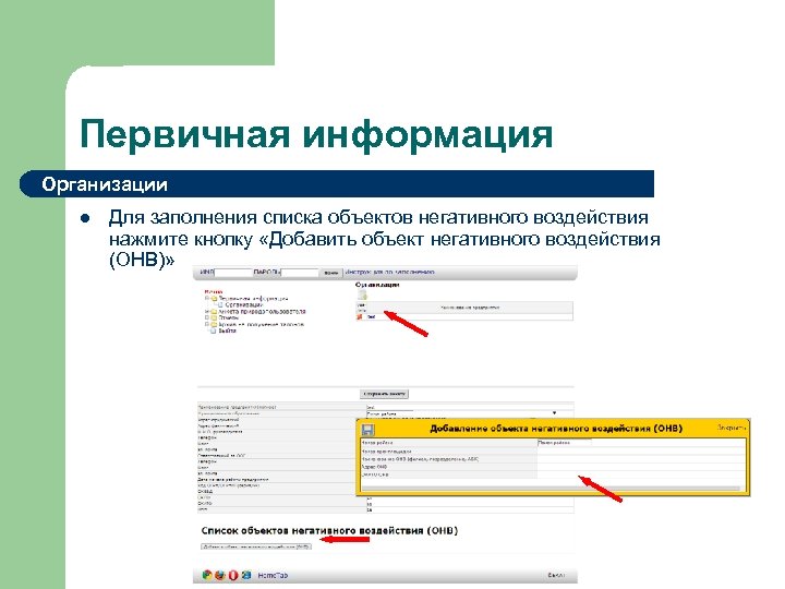 Первичная информация Организации l Для заполнения списка объектов негативного воздействия нажмите кнопку «Добавить объект