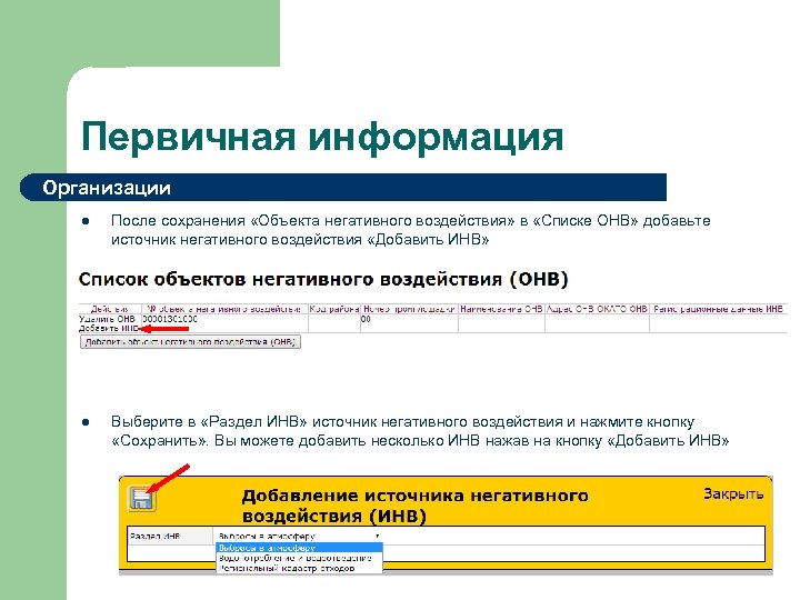 Первичная информация Организации l После сохранения «Объекта негативного воздействия» в «Списке ОНВ» добавьте источник