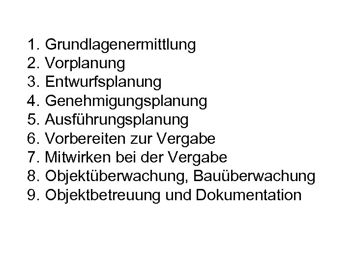 1. Grundlagenermittlung 2. Vorplanung 3. Entwurfsplanung 4. Genehmigungsplanung 5. Ausführungsplanung 6. Vorbereiten zur Vergabe