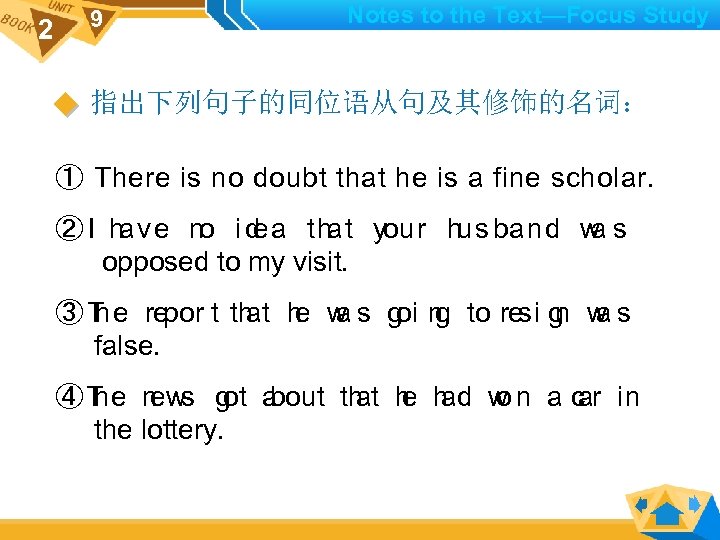 2 9 Notes to the Text—Focus Study 指出下列句子的同位语从句及其修饰的名词： ① There is no doubt that