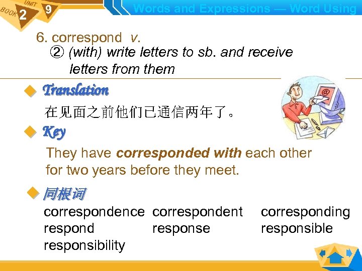2 9 Words and Expressions — Word Using 6. correspond v. ② (with) write