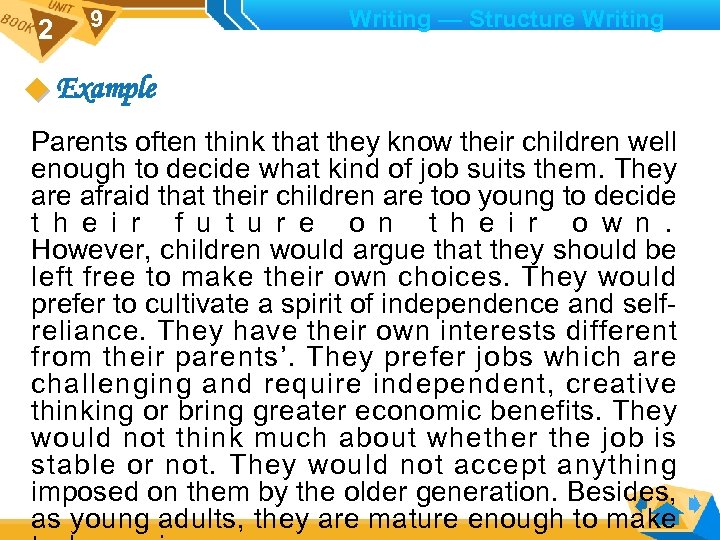2 9 Writing — Structure Writing Example Parents often think that they know their