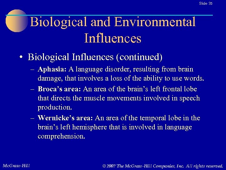 Slide 35 Biological and Environmental Influences • Biological Influences (continued) – Aphasia: A language