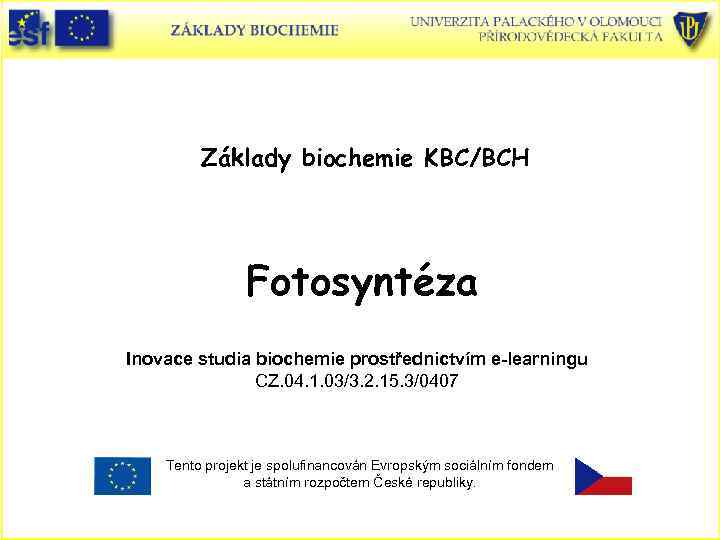 Základy biochemie KBC/BCH Fotosyntéza Inovace studia biochemie prostřednictvím e-learningu CZ. 04. 1. 03/3. 2.