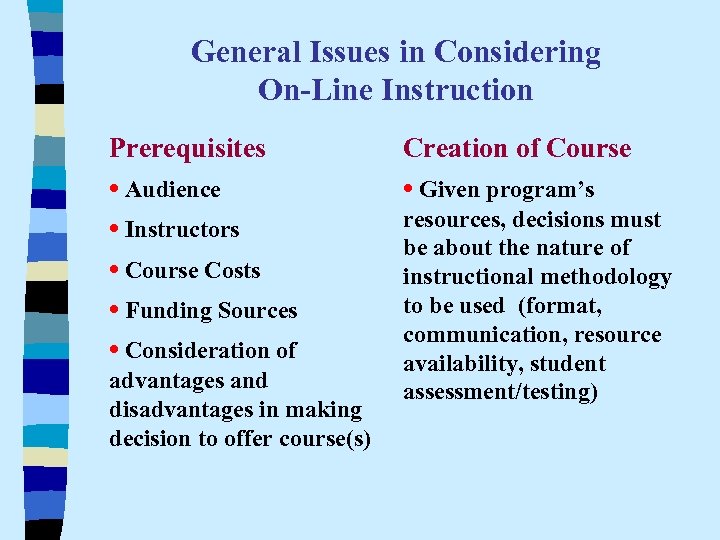 General Issues in Considering On-Line Instruction Prerequisites • Audience • Instructors • Course Costs