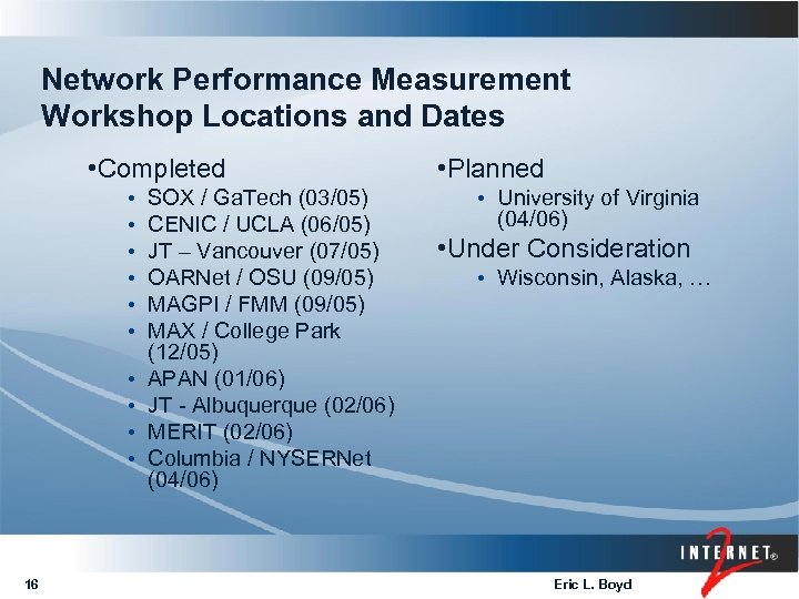 Network Performance Measurement Workshop Locations and Dates • Completed • • • 16 SOX