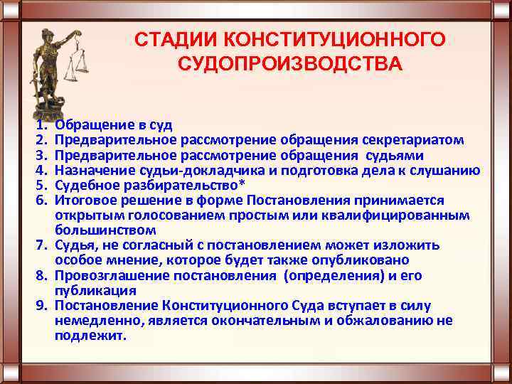 СТАДИИ КОНСТИТУЦИОННОГО СУДОПРОИЗВОДСТВА 1. 2. 3. 4. 5. 6. Обращение в суд Предварительное рассмотрение