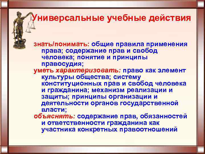 Универсальные учебные действия знать/понимать: общие правила применения права; содержание прав и свобод человека; понятие