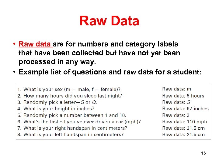 Raw Data • Raw data are for numbers and category labels that have been