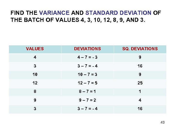 FIND THE VARIANCE AND STANDARD DEVIATION OF THE BATCH OF VALUES 4, 3, 10,