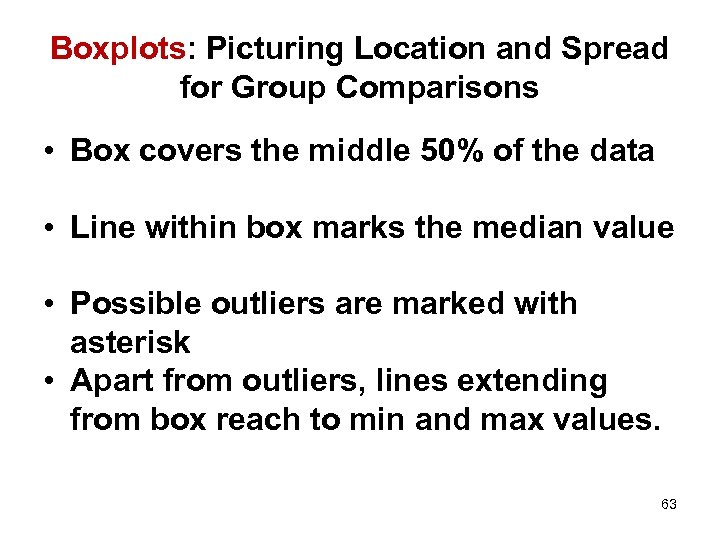 Boxplots: Picturing Location and Spread for Group Comparisons • Box covers the middle 50%