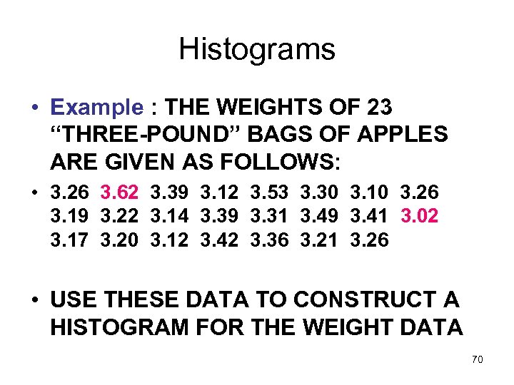 Histograms • Example : THE WEIGHTS OF 23 “THREE-POUND” BAGS OF APPLES ARE GIVEN