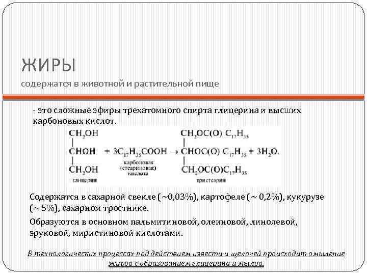 ЖИРЫ содержатся в животной и растительной пище - это сложные эфиры трехатомного спирта глицерина