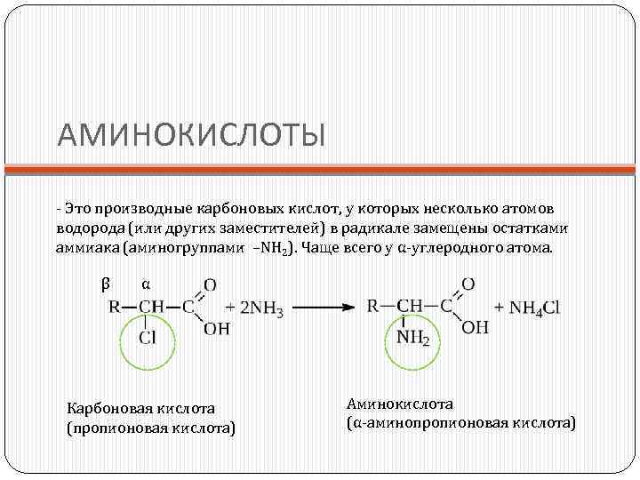 АМИНОКИСЛОТЫ - Это производные карбоновых кислот, у которых несколько атомов водорода (или других заместителей)