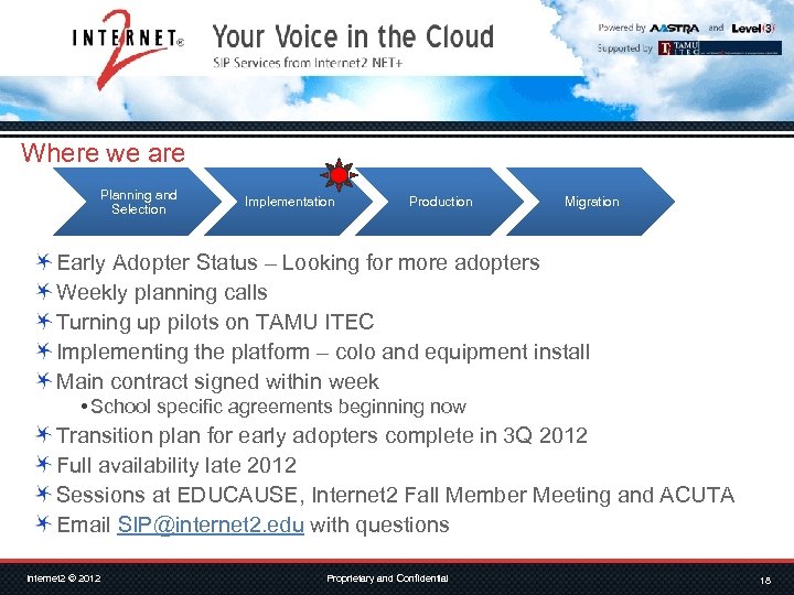 Where we are Planning and Selection Implementation Production Migration Early Adopter Status – Looking