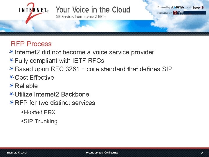 RFP Process Internet 2 did not become a voice service provider. Fully compliant with