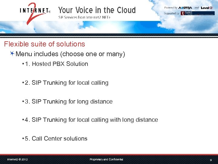 Flexible suite of solutions Menu includes (choose one or many) • 1. Hosted PBX