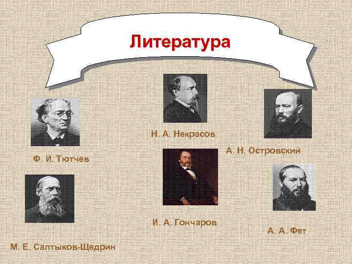 Литература Н. А. Некрасов А. Н. Островский Ф. И. Тютчев И. А. Гончаров М.