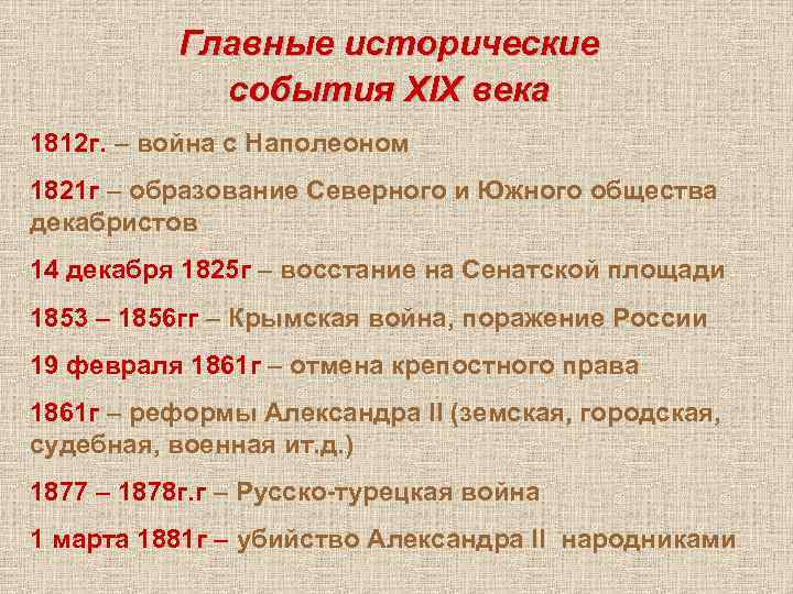 Главные исторические события XIX века 1812 г. – война с Наполеоном 1821 г –