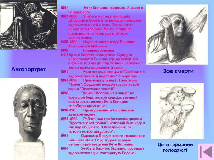 1867 Автопортрет Кете Кольвиц родилась 8 июля в Кёнигсберге. 1885 -1886 Учеба в мастерской
