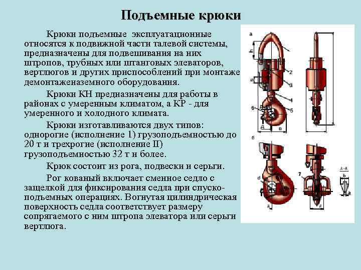 Подъемные крюки Крюки подъемные эксплуатационные относятся к подвижной части талевой системы, предназначены для подвешивания