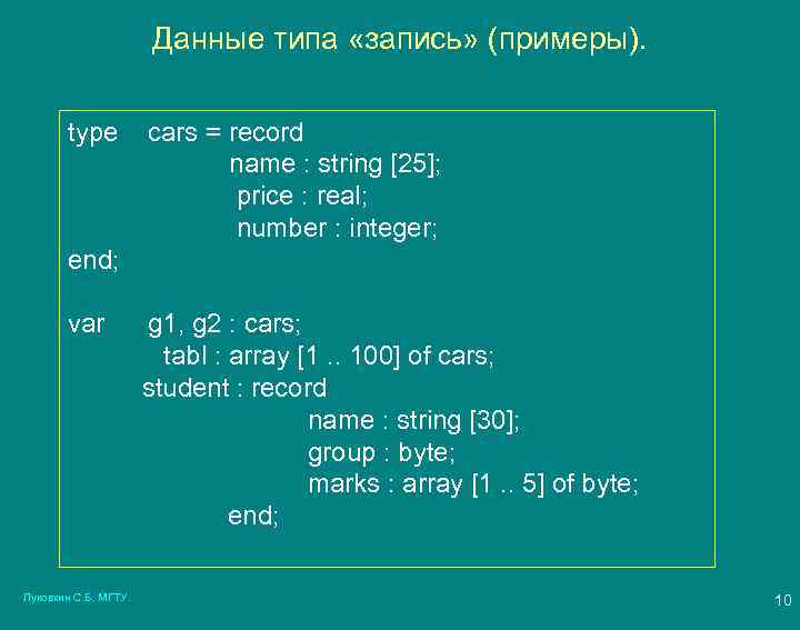 Данные типа «запись» (примеры). type cars = record name : string [25]; price :