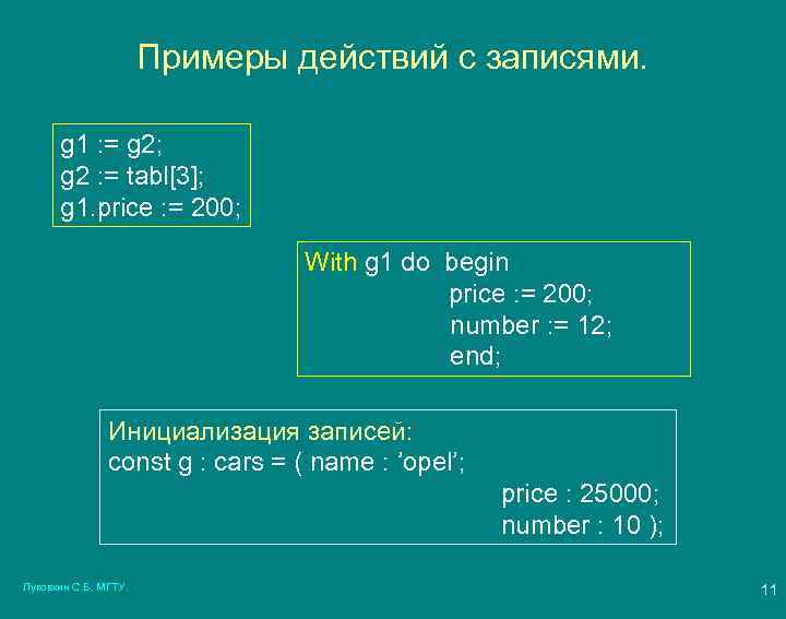 Примеры действий с записями. g 1 : = g 2; g 2 : =