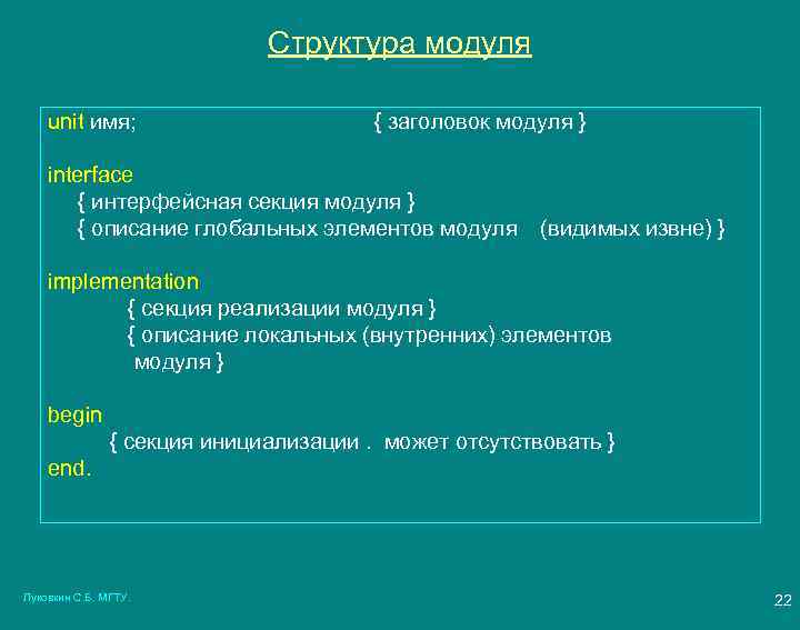 Описание модуля. Интерфейсная секция. Заголовок модуля.