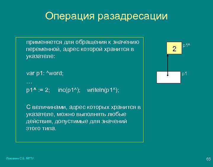 Операция разадресации применяется для обращения к значению переменной, адрес которой хранится в указателе: var