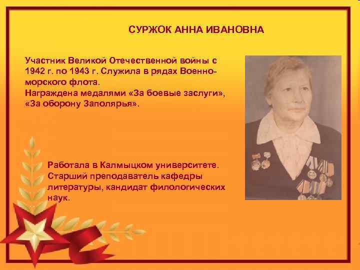 СУРЖОК АННА ИВАНОВНА Участник Великой Отечественной войны с 1942 г. по 1943 г. Служила