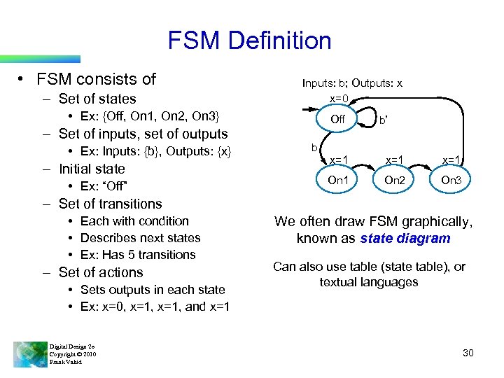 FSM Definition • FSM consists of – Set of states Inputs: b; Outputs: x