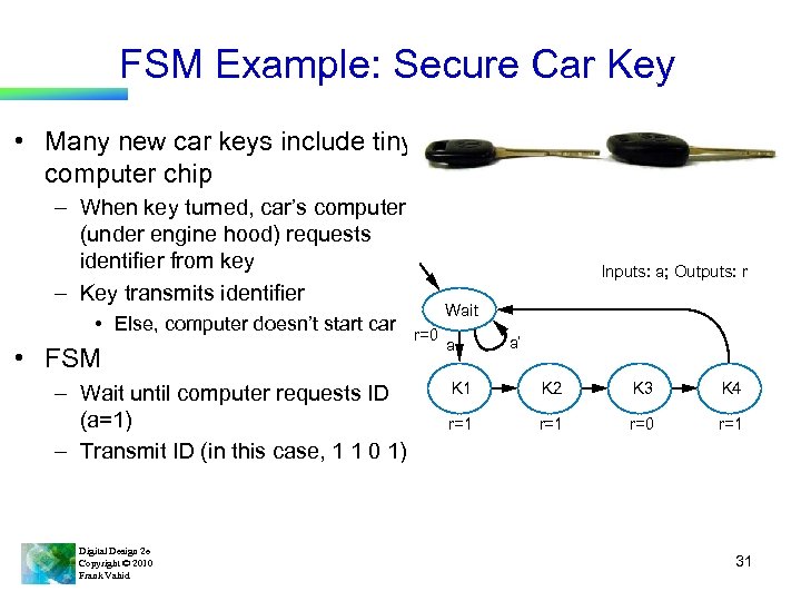 FSM Example: Secure Car Key • Many new car keys include tiny computer chip