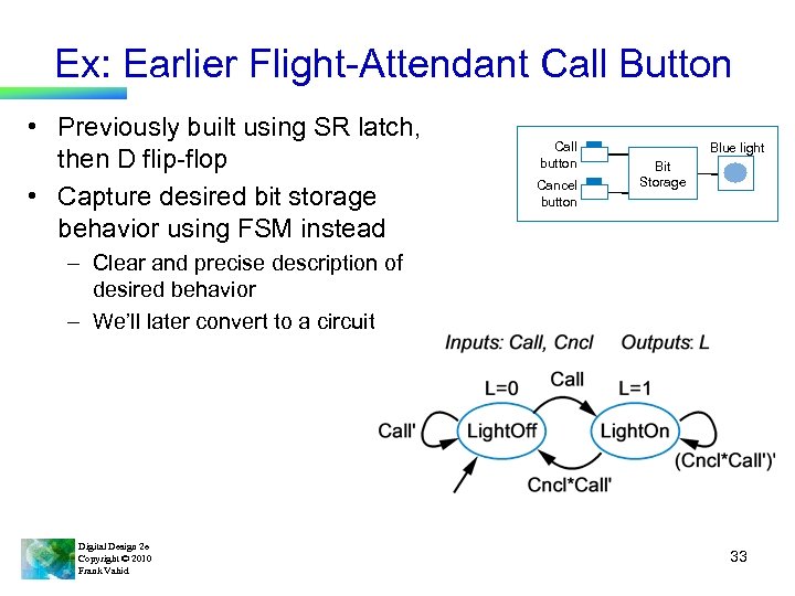 Ex: Earlier Flight-Attendant Call Button • Previously built using SR latch, then D flip-flop