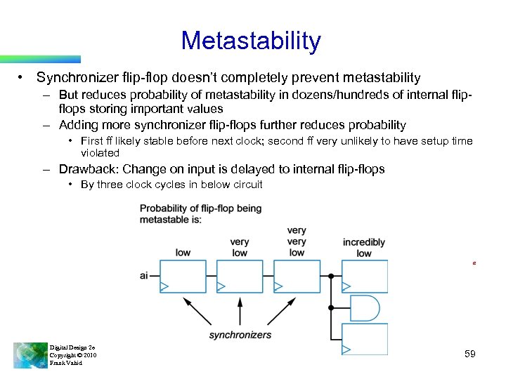 Metastability • Synchronizer flip-flop doesn’t completely prevent metastability – But reduces probability of metastability