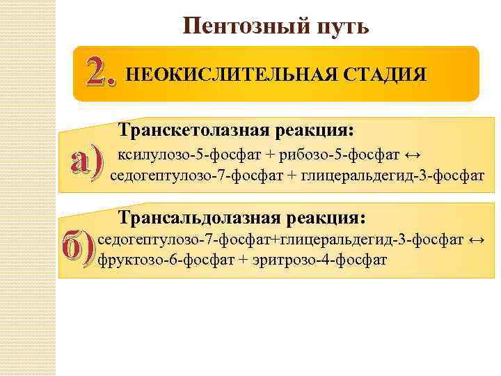 Пентозный путь 2. НЕОКИСЛИТЕЛЬНАЯ СТАДИЯ а) б) Транскетолазная реакция: ксилулозо-5 -фосфат + рибозо-5 -фосфат