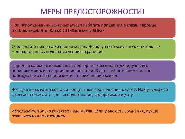 МЕРЫ ПРЕДОСТОРОЖНОСТИ! При использовании эфирных масел избегать попадания в глаза, паровые ингаляции делать только