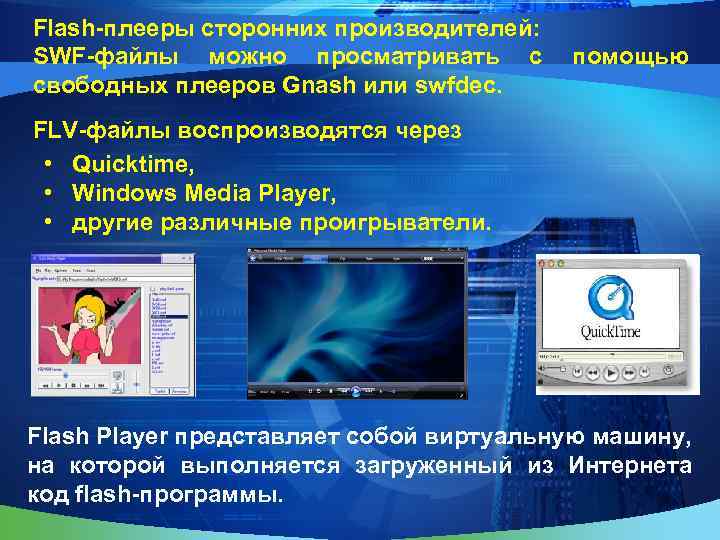 Flash-плееры сторонних производителей: SWF-файлы можно просматривать с свободных плееров Gnash или swfdec. помощью FLV-файлы