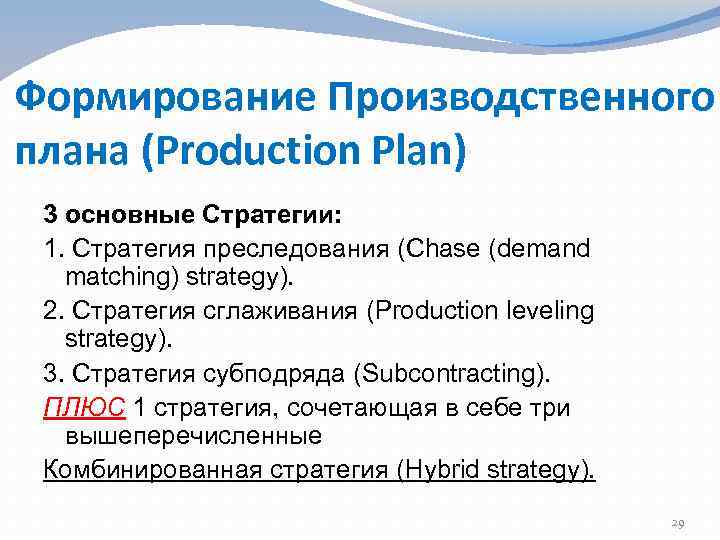 Формирование Производственного плана (Production Plan) 3 основные Стратегии: 1. Стратегия преследования (Chase (demand matching)