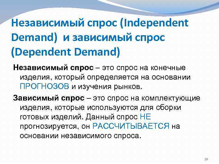 Независимый спрос (Independent Demand) и зависимый спрос (Dependent Demand) Независимый спрос – это спрос