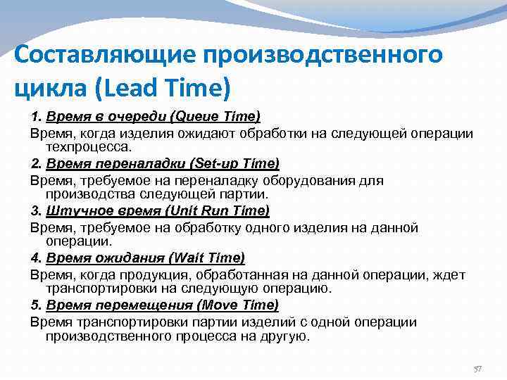 Составляющие производственного цикла (Lead Time) 1. Время в очереди (Queue Time) Время, когда изделия