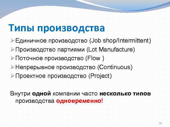 Типы производства Ø Единичное производство (Job shop/Intermittent) Ø Производство партиями (Lot Manufacture) Ø Поточное