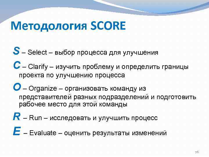 Методология SCORE S – Select – выбор процесса для улучшения C – Clarify –