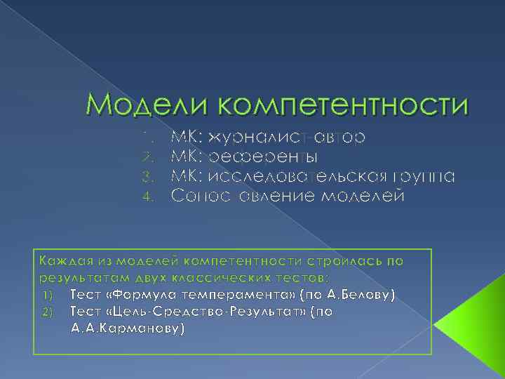 Модели компетентности 1. 2. 3. 4. МК: журналист-автор МК: референты МК: исследовательская группа Сопоставление
