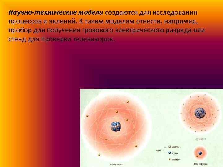 Научно-технические модели создаются для исследования процессов и явлений. К таким моделям отнести, например, пробор