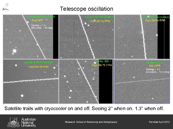 Telescope oscillation Satellite trails with cryocooler on and off. Seeing 2” when on. 1.
