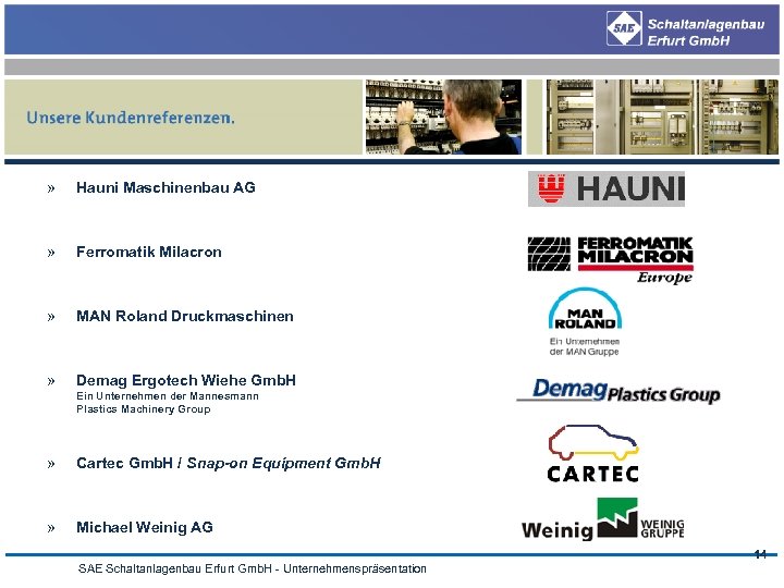 » Hauni Maschinenbau AG » Ferromatik Milacron » MAN Roland Druckmaschinen » Demag Ergotech