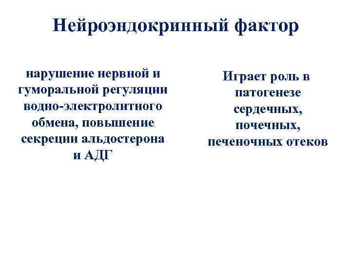 Нейроэндокринный фактор нарушение нервной и гуморальной регуляции водно-электролитного обмена, повышение секреции альдостерона и АДГ