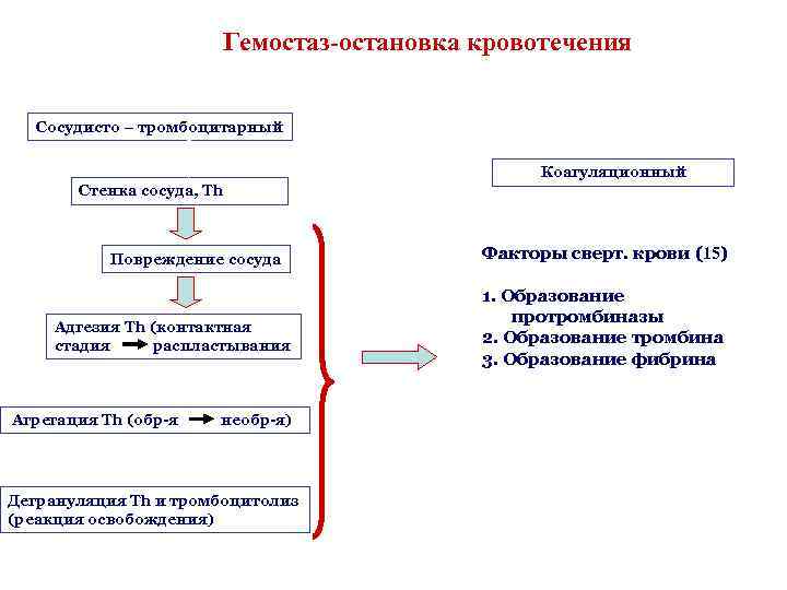 Гемостаз-остановка кровотечения Сосудисто – тромбоцитарный Коагуляционный Стенка сосуда, Тh Повреждение сосуда Адгезия Th (контактная