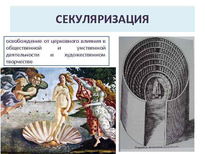 СЕКУЛЯРИЗАЦИЯ освобождение от церковного влияния в общественной и умственной деятельности и художественном творчестве 
