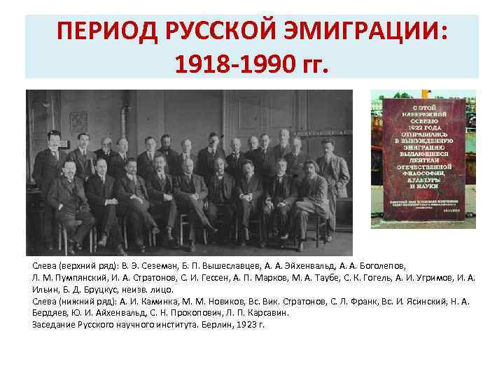 ПЕРИОД РУССКОЙ ЭМИГРАЦИИ: 1918 -1990 гг. Слева (верхний ряд): В. Э. Сеземан, Б. П.